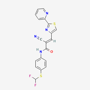 molecular formula C19H12F2N4OS2 B2620405 (E)-2-cyano-N-[4-(difluoromethylsulfanyl)phenyl]-3-(2-pyridin-2-yl-1,3-thiazol-4-yl)prop-2-enamide CAS No. 1181471-42-0