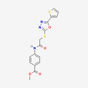 molecular formula C16H13N3O4S2 B2620454 Methyl 4-(2-{[5-(thiophen-2-yl)-1,3,4-oxadiazol-2-yl]sulfanyl}acetamido)benzoate CAS No. 852175-29-2