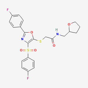 molecular formula C22H20F2N2O5S2 B2620482 2-({2-(4-fluorophenyl)-4-[(4-fluorophenyl)sulfonyl]-1,3-oxazol-5-yl}thio)-N-(tetrahydrofuran-2-ylmethyl)acetamide CAS No. 850927-24-1