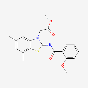 molecular formula C20H20N2O4S B2620498 Methyl 2-[2-(2-methoxybenzoyl)imino-5,7-dimethyl-1,3-benzothiazol-3-yl]acetate CAS No. 1321875-11-9