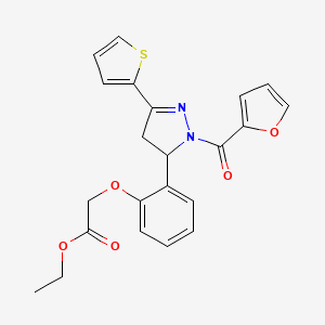 molecular formula C22H20N2O5S B2620539 Ethyl 2-[2-[2-(furan-2-carbonyl)-5-thiophen-2-yl-3,4-dihydropyrazol-3-yl]phenoxy]acetate CAS No. 831211-48-4