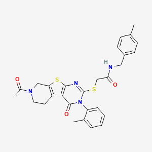 molecular formula C28H28N4O3S2 B2620580 2-((7-acetyl-4-oxo-3-(o-tolyl)-3,4,5,6,7,8-hexahydropyrido[4',3':4,5]thieno[2,3-d]pyrimidin-2-yl)thio)-N-(4-methylbenzyl)acetamide CAS No. 1216754-49-2
