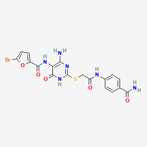 molecular formula C18H15BrN6O5S B2620615 N-(4-amino-2-((2-((4-carbamoylphenyl)amino)-2-oxoethyl)thio)-6-oxo-1,6-dihydropyrimidin-5-yl)-5-bromofuran-2-carboxamide CAS No. 888430-90-8