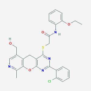 molecular formula C28H25ClN4O4S B2620618 2-((2-(2-chlorophenyl)-6-(hydroxymethyl)-9-methyl-5H-pyrido[4',3':5,6]pyrano[2,3-d]pyrimidin-4-yl)thio)-N-(2-ethoxyphenyl)acetamide CAS No. 892279-80-0