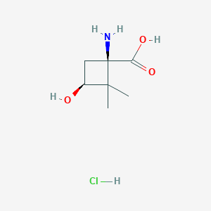 molecular formula C7H14ClNO3 B2620799 (1R,3S)-1-Amino-3-hydroxy-2,2-dimethylcyclobutane-1-carboxylic acid;hydrochloride CAS No. 2416217-92-8