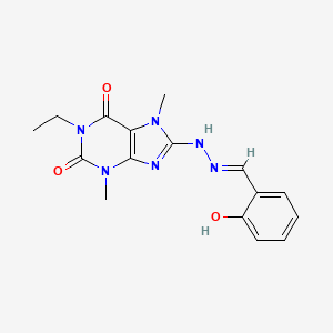 molecular formula C16H18N6O3 B2620801 (E)-1-ethyl-8-(2-(2-hydroxybenzylidene)hydrazinyl)-3,7-dimethyl-1H-purine-2,6(3H,7H)-dione CAS No. 1203434-80-3