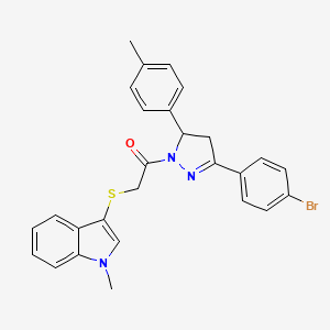 molecular formula C27H24BrN3OS B2620806 1-[5-(4-Bromophenyl)-3-(4-methylphenyl)-3,4-dihydropyrazol-2-yl]-2-(1-methylindol-3-yl)sulfanylethanone CAS No. 681280-12-6