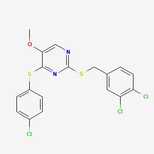 molecular formula C18H13Cl3N2OS2 B2620878 4-[(4-Chlorophenyl)sulfanyl]-2-[(3,4-dichlorobenzyl)sulfanyl]-5-pyrimidinyl methyl ether CAS No. 339276-03-8