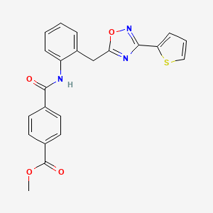 molecular formula C22H17N3O4S B2620953 Methyl 4-((2-((3-(thiophen-2-yl)-1,2,4-oxadiazol-5-yl)methyl)phenyl)carbamoyl)benzoate CAS No. 1797604-21-7