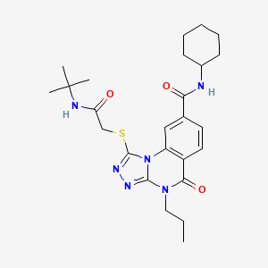 molecular formula C25H34N6O3S B2621072 1-{[(tert-butylcarbamoyl)methyl]sulfanyl}-N-cyclohexyl-5-oxo-4-propyl-4H,5H-[1,2,4]triazolo[4,3-a]quinazoline-8-carboxamide CAS No. 1105220-68-5
