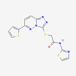 molecular formula C14H10N6OS3 B2621175 N-(thiazol-2-yl)-2-((6-(thiophen-2-yl)-[1,2,4]triazolo[4,3-b]pyridazin-3-yl)thio)acetamide CAS No. 891101-90-9