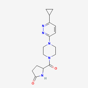 molecular formula C16H21N5O2 B2621180 5-(4-(6-Cyclopropylpyridazin-3-yl)piperazine-1-carbonyl)pyrrolidin-2-one CAS No. 2034205-00-8