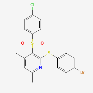 molecular formula C19H15BrClNO2S2 B2621188 2-[(4-Bromophenyl)sulfanyl]-3-[(4-chlorophenyl)sulfonyl]-4,6-dimethylpyridine CAS No. 478262-70-3