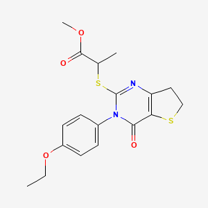 molecular formula C18H20N2O4S2 B2621236 Methyl 2-((3-(4-ethoxyphenyl)-4-oxo-3,4,6,7-tetrahydrothieno[3,2-d]pyrimidin-2-yl)thio)propanoate CAS No. 686772-79-2