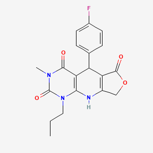 molecular formula C19H18FN3O4 B2621237 8-(4-Fluorophenyl)-11-methyl-13-propyl-5-oxa-2,11,13-triazatricyclo[7.4.0.0^{3,7}]trideca-1(9),3(7)-diene-6,10,12-trione CAS No. 863668-75-1