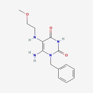 molecular formula C14H18N4O3 B2621248 6-Amino-1-benzyl-5-[(2-methoxyethyl)amino]-1,2,3,4-tetrahydropyrimidine-2,4-dione CAS No. 722471-91-2