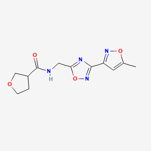 molecular formula C12H14N4O4 B2621266 N-((3-(5-methylisoxazol-3-yl)-1,2,4-oxadiazol-5-yl)methyl)tetrahydrofuran-3-carboxamide CAS No. 1904227-46-8