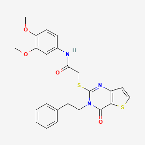 molecular formula C24H23N3O4S2 B2621268 N-(3,4-dimethoxyphenyl)-2-((4-oxo-3-phenethyl-3,4-dihydrothieno[3,2-d]pyrimidin-2-yl)thio)acetamide CAS No. 1798679-99-8