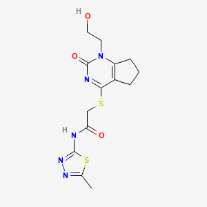 molecular formula C14H17N5O3S2 B2621290 2-((1-(2-hydroxyethyl)-2-oxo-2,5,6,7-tetrahydro-1H-cyclopenta[d]pyrimidin-4-yl)thio)-N-(5-methyl-1,3,4-thiadiazol-2-yl)acetamide CAS No. 920394-61-2