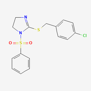 molecular formula C16H15ClN2O2S2 B2621367 1-(Benzenesulfonyl)-2-[(4-chlorophenyl)methylsulfanyl]-4,5-dihydroimidazole CAS No. 868217-30-5