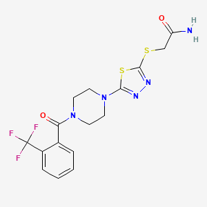 molecular formula C16H16F3N5O2S2 B2621442 2-((5-(4-(2-(Trifluoromethyl)benzoyl)piperazin-1-yl)-1,3,4-thiadiazol-2-yl)thio)acetamide CAS No. 1105197-59-8