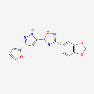 molecular formula C16H10N4O4 B2621493 3-(benzo[d][1,3]dioxol-5-yl)-5-(3-(furan-2-yl)-1H-pyrazol-5-yl)-1,2,4-oxadiazole CAS No. 1046787-78-3