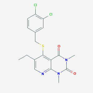 molecular formula C18H17Cl2N3O2S B2621498 5-((3,4-dichlorobenzyl)thio)-6-ethyl-1,3-dimethylpyrido[2,3-d]pyrimidine-2,4(1H,3H)-dione CAS No. 899747-77-4