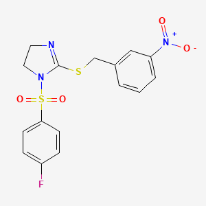 molecular formula C16H14FN3O4S2 B2621586 1-(4-Fluorophenyl)sulfonyl-2-[(3-nitrophenyl)methylsulfanyl]-4,5-dihydroimidazole CAS No. 868219-00-5