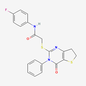 molecular formula C20H16FN3O2S2 B2621726 N-(4-fluorophenyl)-2-[(4-oxo-3-phenyl-6,7-dihydrothieno[3,2-d]pyrimidin-2-yl)sulfanyl]acetamide CAS No. 686770-28-5