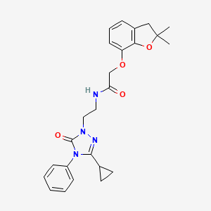 molecular formula C25H28N4O4 B2621741 N-(2-(3-cyclopropyl-5-oxo-4-phenyl-4,5-dihydro-1H-1,2,4-triazol-1-yl)ethyl)-2-((2,2-dimethyl-2,3-dihydrobenzofuran-7-yl)oxy)acetamide CAS No. 1396682-49-7