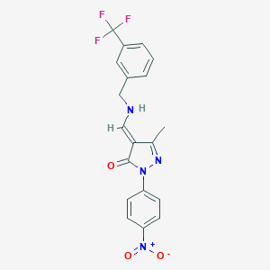 molecular formula C19H15F3N4O3 B262176 (4E)-5-methyl-2-(4-nitrophenyl)-4-[[[3-(trifluoromethyl)phenyl]methylamino]methylidene]pyrazol-3-one 