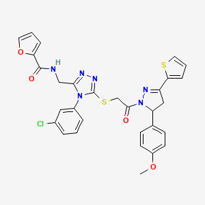 molecular formula C30H25ClN6O4S2 B2621857 N-((4-(3-chlorophenyl)-5-((2-(5-(4-methoxyphenyl)-3-(thiophen-2-yl)-4,5-dihydro-1H-pyrazol-1-yl)-2-oxoethyl)thio)-4H-1,2,4-triazol-3-yl)methyl)furan-2-carboxamide CAS No. 362506-53-4