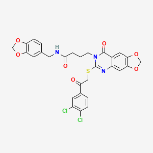 molecular formula C29H23Cl2N3O7S B2621972 N-(1,3-benzodioxol-5-ylmethyl)-4-[6-{[2-(3,4-dichlorophenyl)-2-oxoethyl]thio}-8-oxo[1,3]dioxolo[4,5-g]quinazolin-7(8H)-yl]butanamide CAS No. 688060-81-3