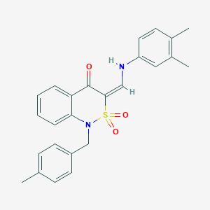 molecular formula C25H24N2O3S B2621985 (3E)-3-{[(3,4-dimethylphenyl)amino]methylene}-1-(4-methylbenzyl)-1H-2,1-benzothiazin-4(3H)-one 2,2-dioxide CAS No. 893310-94-6