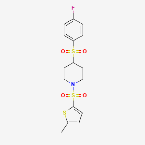 molecular formula C16H18FNO4S3 B2621988 4-((4-Fluorophenyl)sulfonyl)-1-((5-methylthiophen-2-yl)sulfonyl)piperidine CAS No. 1448029-26-2