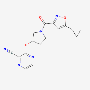 molecular formula C16H15N5O3 B2622004 3-((1-(5-Cyclopropylisoxazole-3-carbonyl)pyrrolidin-3-yl)oxy)pyrazine-2-carbonitrile CAS No. 2034561-35-6