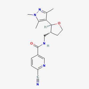molecular formula C18H21N5O2 B2622070 6-Cyano-N-[[(2S,3R)-2-(1,3,5-trimethylpyrazol-4-yl)oxolan-3-yl]methyl]pyridine-3-carboxamide CAS No. 2223179-67-5