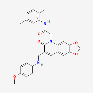 molecular formula C28H27N3O5 B2622118 N-(2,5-dimethylphenyl)-2-(7-(((4-methoxyphenyl)amino)methyl)-6-oxo-[1,3]dioxolo[4,5-g]quinolin-5(6H)-yl)acetamide CAS No. 894560-51-1
