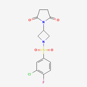 molecular formula C13H12ClFN2O4S B2622122 1-(1-((3-Chloro-4-fluorophenyl)sulfonyl)azetidin-3-yl)pyrrolidine-2,5-dione CAS No. 1795300-61-6