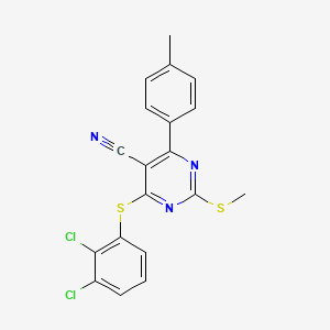 molecular formula C19H13Cl2N3S2 B2622131 4-[(2,3-Dichlorophenyl)sulfanyl]-6-(4-methylphenyl)-2-(methylsulfanyl)-5-pyrimidinecarbonitrile CAS No. 303985-08-2