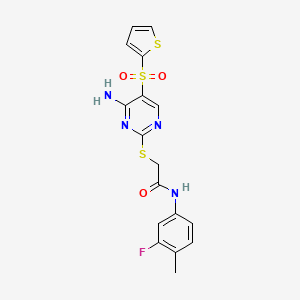 molecular formula C17H15FN4O3S3 B2622223 2-((4-amino-5-(thiophen-2-ylsulfonyl)pyrimidin-2-yl)thio)-N-(3-fluoro-4-methylphenyl)acetamide CAS No. 1223799-50-5
