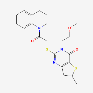 molecular formula C21H25N3O3S2 B2622308 2-[2-(3,4-dihydro-2H-quinolin-1-yl)-2-oxoethyl]sulfanyl-3-(2-methoxyethyl)-6-methyl-6,7-dihydrothieno[3,2-d]pyrimidin-4-one CAS No. 851409-92-2