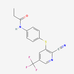 molecular formula C16H12F3N3OS B2622310 N-(4-{[2-cyano-5-(trifluoromethyl)-3-pyridinyl]sulfanyl}phenyl)propanamide CAS No. 338420-06-7