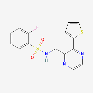 molecular formula C15H12FN3O2S2 B2622319 2-fluoro-N-((3-(thiophen-2-yl)pyrazin-2-yl)methyl)benzenesulfonamide CAS No. 2034426-74-7