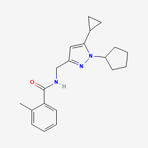 molecular formula C20H25N3O B2622330 N-((1-cyclopentyl-5-cyclopropyl-1H-pyrazol-3-yl)methyl)-2-methylbenzamide CAS No. 1448052-77-4