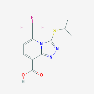 molecular formula C11H10F3N3O2S B2622358 C(C)(C)SC1=NN=C2N1C(=CC=C2C(=O)O)C(F)(F)F CAS No. 1639262-61-5