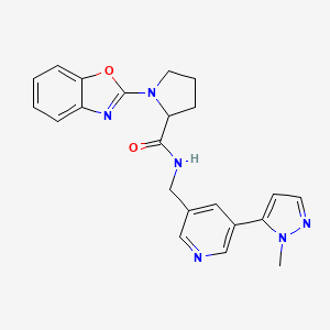 molecular formula C22H22N6O2 B2622377 1-(benzo[d]oxazol-2-yl)-N-((5-(1-methyl-1H-pyrazol-5-yl)pyridin-3-yl)methyl)pyrrolidine-2-carboxamide CAS No. 2034200-82-1