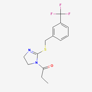 molecular formula C14H15F3N2OS B2622491 1-(2-((3-(trifluoromethyl)benzyl)thio)-4,5-dihydro-1H-imidazol-1-yl)propan-1-one CAS No. 851805-54-4