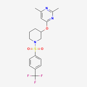 molecular formula C18H20F3N3O3S B2622517 2,4-Dimethyl-6-((1-((4-(trifluoromethyl)phenyl)sulfonyl)piperidin-3-yl)oxy)pyrimidine CAS No. 2034431-60-0