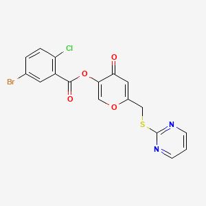 molecular formula C17H10BrClN2O4S B2622520 4-oxo-6-((pyrimidin-2-ylthio)methyl)-4H-pyran-3-yl 5-bromo-2-chlorobenzoate CAS No. 877636-31-2